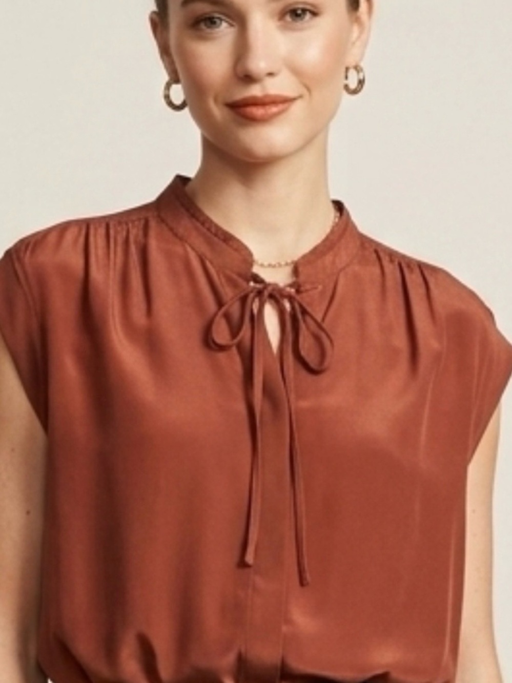 All Saints Satin Tie-Neck Blouse in Rust Brown